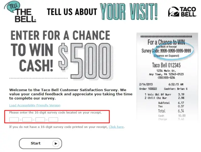 enter the recipt code and complete the tellthebell survey
